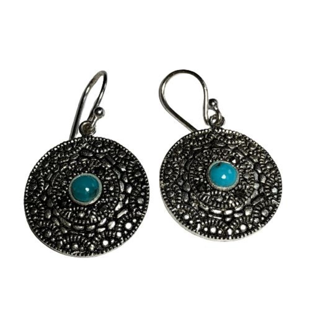 Fun Silver Tone & Faux Turquoise 1.5" Drop Circle Dangle Earrings